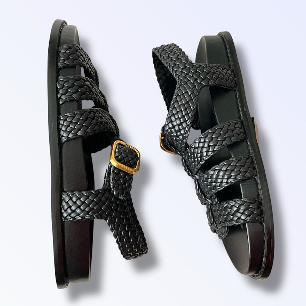 Woven Strap Black Women’s Sandals with Gold Buckle - Picture 8 of 9